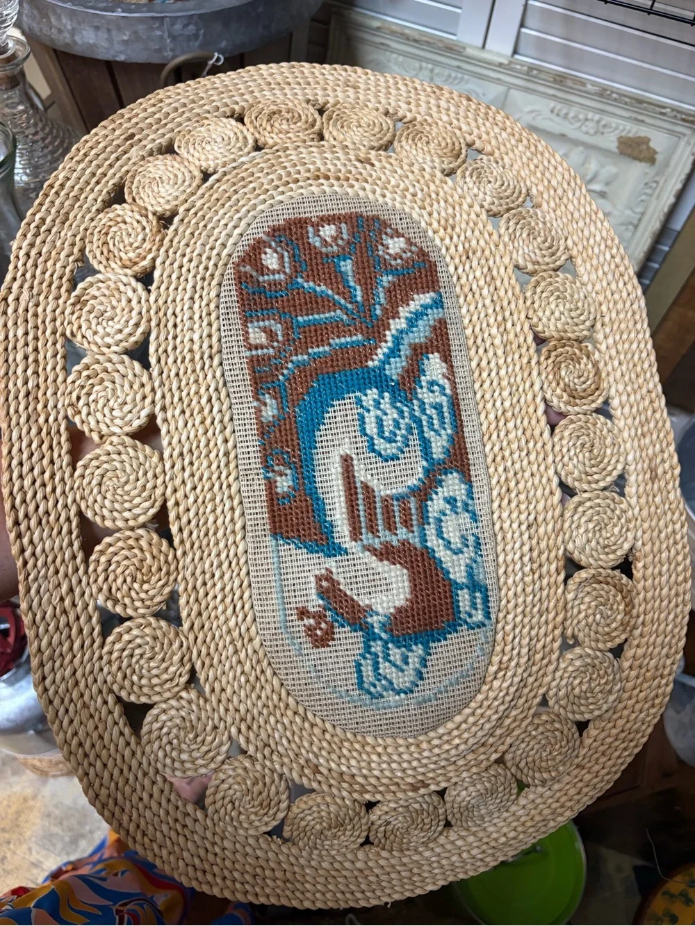 Set of 4 Handwoven Straw Placemat with Blue & Brown Embroidered Center